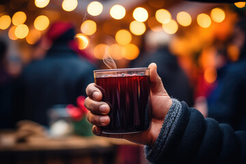 Mulled Wine at Christmas Market - Close-up of hands holding a cup of steaming mulled wine, with a blurred background of a lively Christmas market - AI Generated