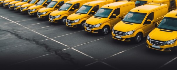 Transporting service company. Yellow delivery or taxi vans in row. Parkende Autos, vehicle. Commercial fleet. Generative AI 