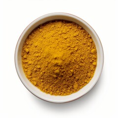 Curry powder in round bowl isolated on white. Top view, Generative AI 