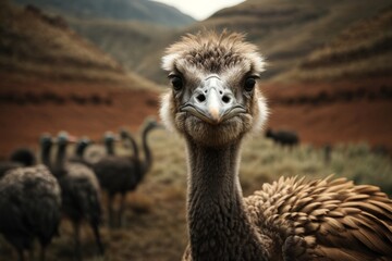 There are a lot of ostriches outdoors on the background of beautiful nature.