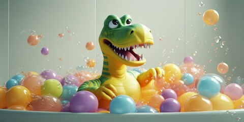Funny cute dinosaur in bath tube with colorful balloons, having fun. Dinosaur Birthday party concept. Generative AI 