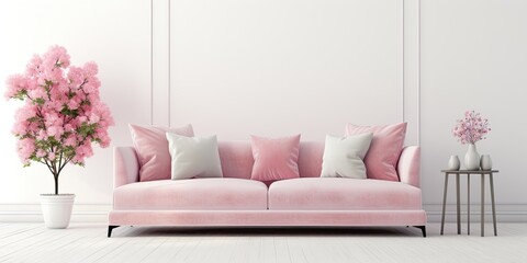 Contemporary minimalist living room with pink sofa, table, flowers against white wall. Classic spacious living room with velvet sofa. Cozy home decor.