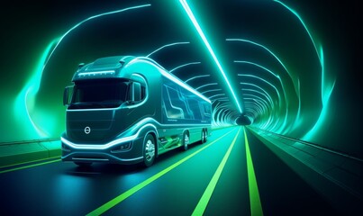 truck bus electric car of the future rides on the road in the tunnel, eco clean environment without harmful waste, neon light at night in the tunnel, Illustration. Generative AI 