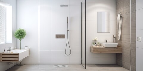 Modern apartment bathroom with white tiles and stainless steel showerhead in shower cabin.
