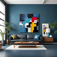 Minimalist home interior design of modern living room with Art deco wall poster frame, generative ai