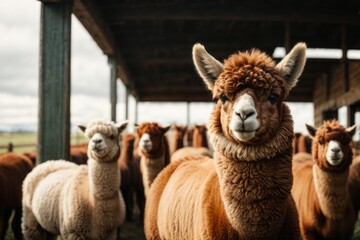 Close-up of a beautiful brown and white alpaca looking at the camera on a farm pasture. Zoo, farming, pets concepts. - obrazy, fototapety, plakaty