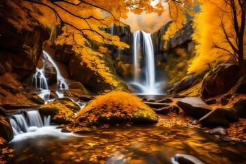 Gorgeous autumnal scenery featuring waterfalls and yellow trees