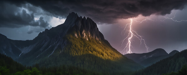 A tall mountain peak towers in stormy skies, with a lone lightning bolt striking its summit amidst dark forests below - obrazy, fototapety, plakaty