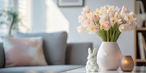 Flowers and Easter decorations adorn the living room's interior.