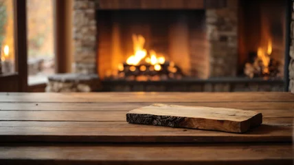 Papier Peint photo autocollant Texture du bois de chauffage Empty dark wooden table on living room interior background with fireplace, lit fire, blurred bokeh, for product display montage, high quality photo and space for text