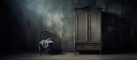 Ghost-like presence is evident with an old wardrobe and empty chair in a dusty attic. - obrazy, fototapety, plakaty