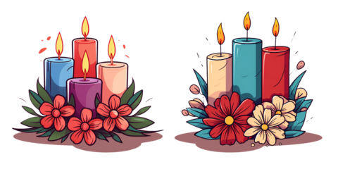 cartoon set of candles and flowers