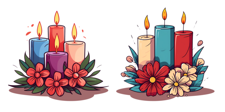 cartoon set of candles and flowers