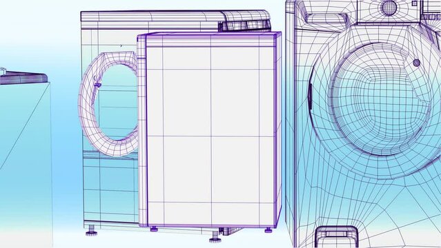 toon animation of the schematic rotation of the washing machine and home appliances the concept of home appliance repair service, 3d render loop