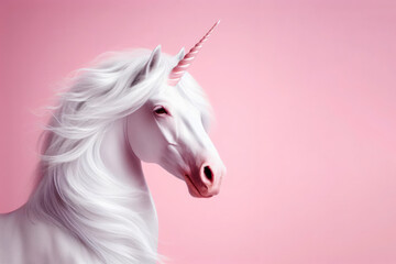 white unicorn portrait, panoramic pink layout. ai generative