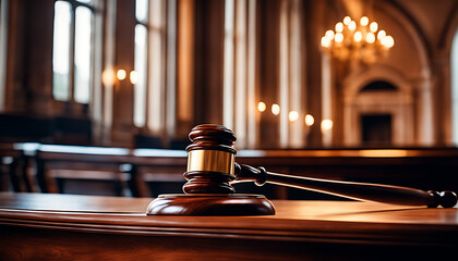 A wooden gavel rests on a bench in a well-lit courtroom, symbolizing authority and readiness for legal proceedings, creating a formal and professional atmosphere. 