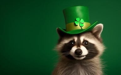 Closeup photo of a raccoon wearing green top hat with shamrock leaf on it, on solid green background. St. Patrick's Day celebration