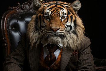 a tiger in a classic costume. a businessman with the head of a tiger. a feline predator. - obrazy, fototapety, plakaty