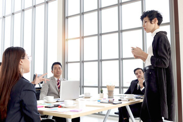 Achievement successful beautiful businesswoman sharing experience success, gives presentation at conference meeting desk, businesspeople have discussion about project work in office workplace.