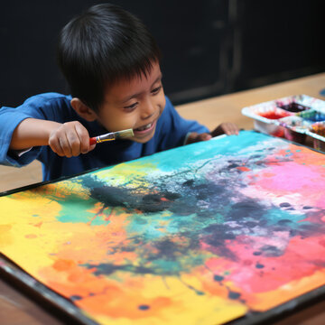 A young boy with a down syndrome is immersed in painting a canvas with Holi colors
