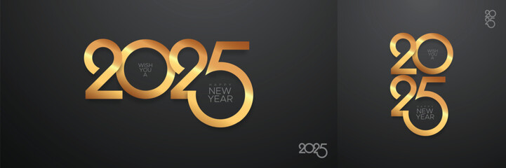 Happy new year 2025. Typography logo design of 2025 new year with golden number - obrazy, fototapety, plakaty