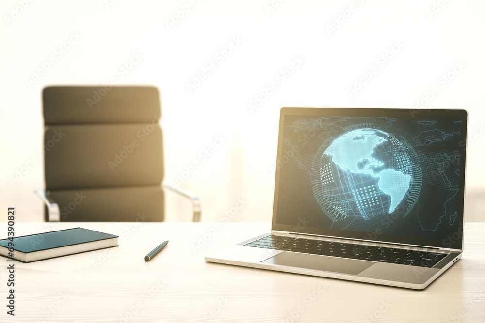 Poster Modern computer monitor with America map, research and strategy concept. 3D Rendering