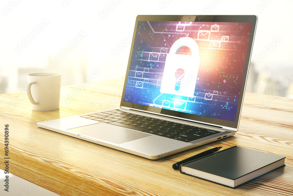 Poster creative light lock illustration with postal envelopes on modern computer monitor, cyber security an