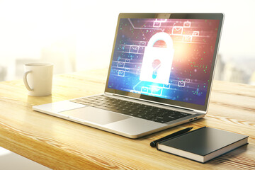 Creative light lock illustration with postal envelopes on modern computer monitor, cyber security and email protection concept. 3D Rendering