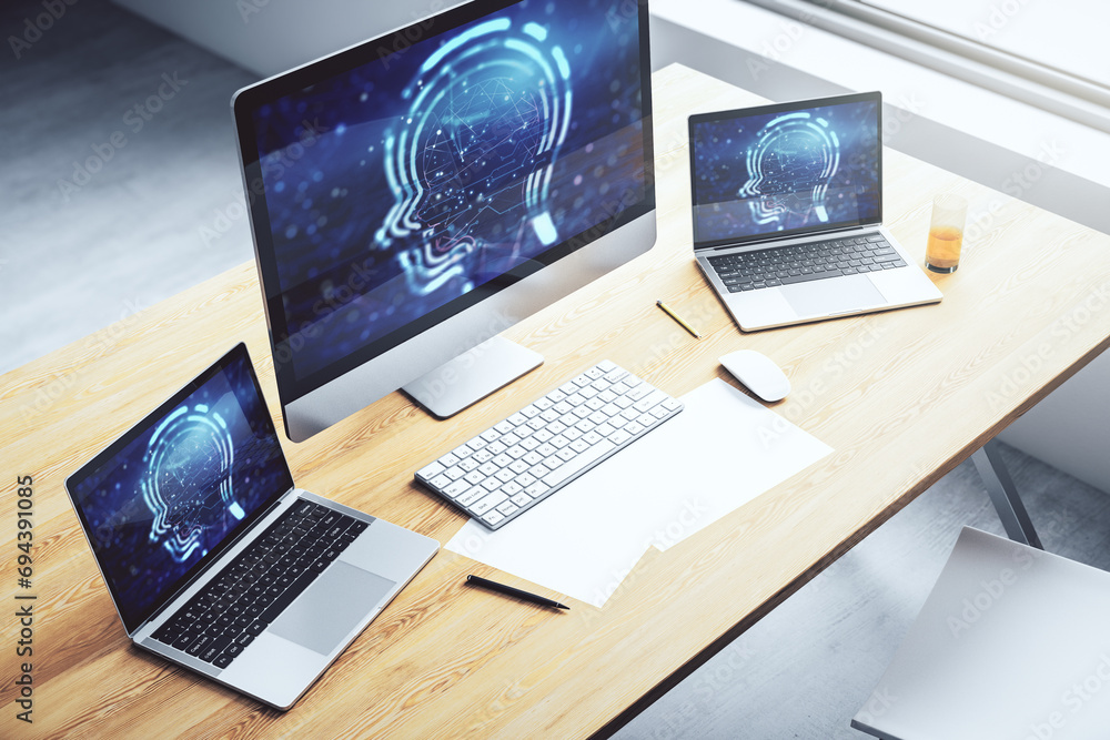 Poster creative artificial intelligence concept with human head hologram on modern laptop screen. 3d render