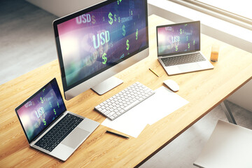Creative concept of USD symbols illustration on modern laptop screen. Trading and currency concept....
