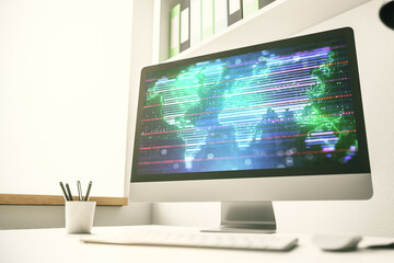 Abstract digital world map on modern computer monitor, big data and blockchain concept. 3D Rendering