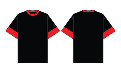 Black-Red Short Sleeve Oversize T-Shirt Design on White Background. Front and Back View, Vector File.