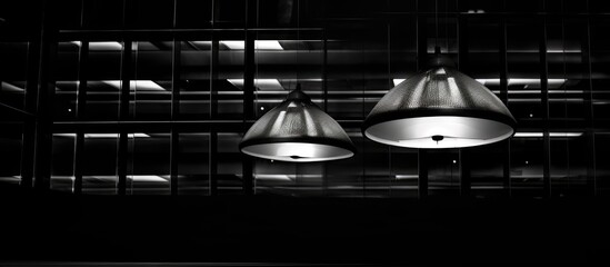 Black and white building interior lamp shining at night.