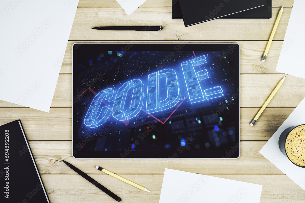 Fototapete creative code word sign on modern digital tablet display, international software development concept