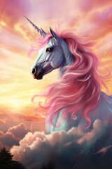 Obraz na płótnie Canvas beautiful magical unicorn with pink color hair in the sky with pink and purple clouds