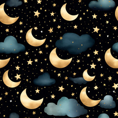 Seamless pattern with golden crescent moons, stars, and fluffy clouds on a dark, starlit background