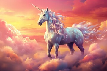 Obraz na płótnie Canvas beautiful magical unicorn with pink color hair in the sky with pink and purple clouds