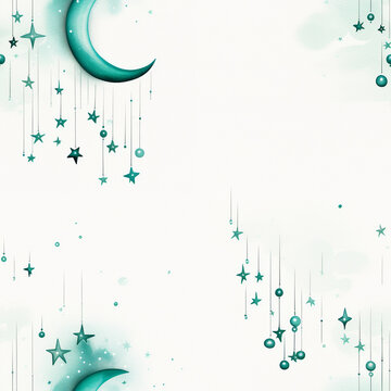A whimsical, seamless pattern featuring a large teal crescent moon with hanging stars on a soft, misty background