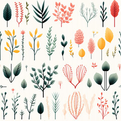 A seamless botanical pattern showcasing a variety of stylized flora in a modern, muted color palette, perfect for fabric and wallpaper - obrazy, fototapety, plakaty