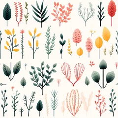 Fotobehang A seamless botanical pattern showcasing a variety of stylized flora in a modern, muted color palette, perfect for fabric and wallpaper © Vagengeim