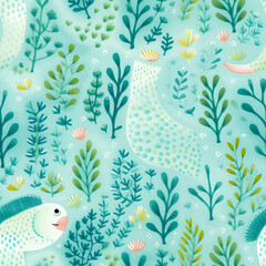 A seamless pattern with a serene underwater theme, featuring stylized fish, seaweed, and shells in soft watercolor hues