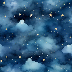 Fototapeta premium A seamless pattern of watercolor night sky with fluffy clouds and scattered stars in shades of deep blue