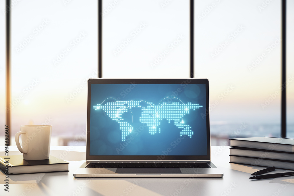 Poster Abstract creative world map with connections on modern laptop screen, international trading concept. 3D Rendering