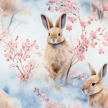 A serene watercolor seamless pattern depicting gentle bunnies amidst blush-toned blossoms on a soft, misty background