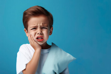 kid suffering from toothache holding his chin with his hand on blue background. ai generative - obrazy, fototapety, plakaty