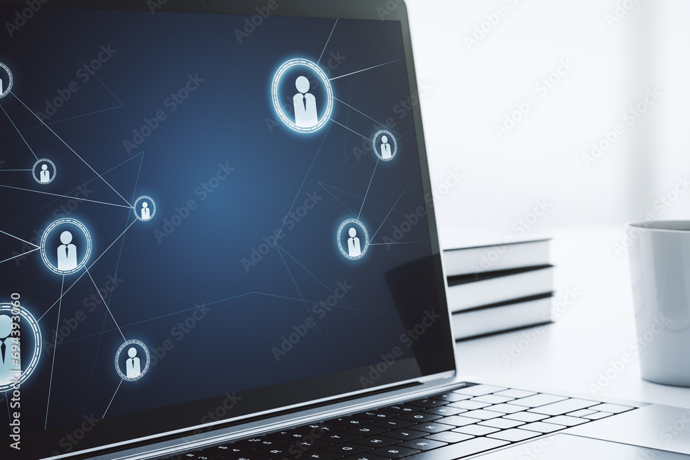 Poster Modern computer display with social network icons concept. Networking concept. 3D Rendering