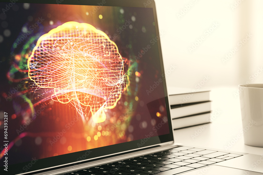 Poster modern computer monitor with creative artificial intelligence symbol. neural networks and machine le