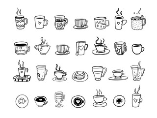 Cute set of cups and mugs in doodle style. I love tea, tea time, coffee time, cup of coffee, mug of tea, travel mug. Mug in hand. Hand drawn. Vector illustration EPS10. Isolated on white background