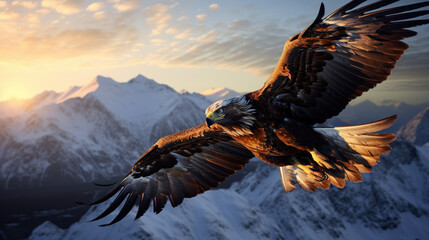 majestic golden eagle flying high over the snowy mountain peak - Powered by Adobe