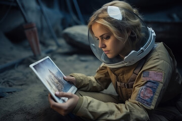 young woman skinhead blonde hair in the spacesuit cinema style